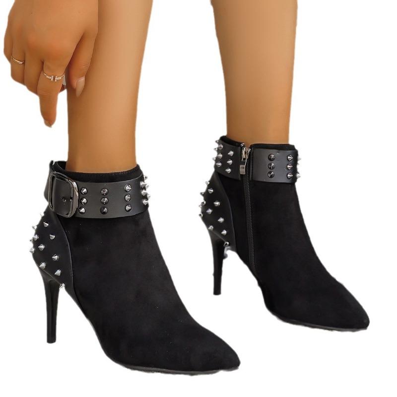 Autumn/winter New Boots Rivet High Heels Sexy Slimming Fashion Boots Pointed Toe Stiletto Heel Slim Elegant Women's Short Boots