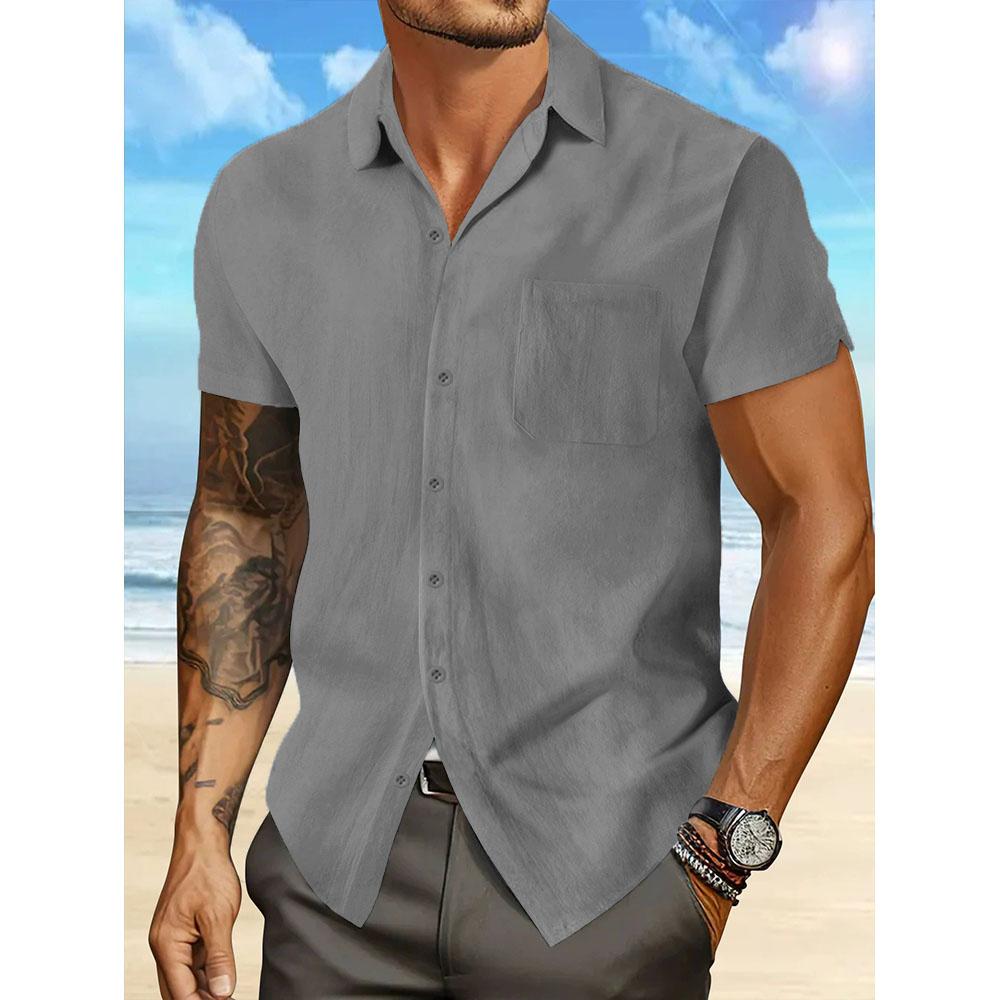 Short Sleeve Shirt for Men Summer New Fashion Casual Simple Style Cotton Linen Beach Style Solid Color Male Button Up