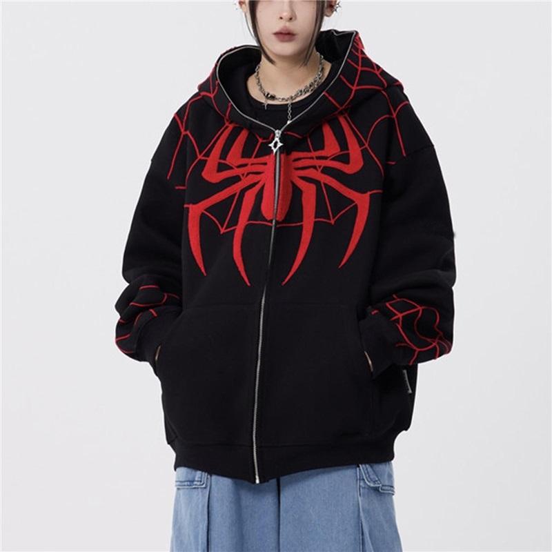 

Готическая темная куртка с капюшоном и принтом паука, свободная мужская и женская куртка-свитер с полной цепочкой L чёрный