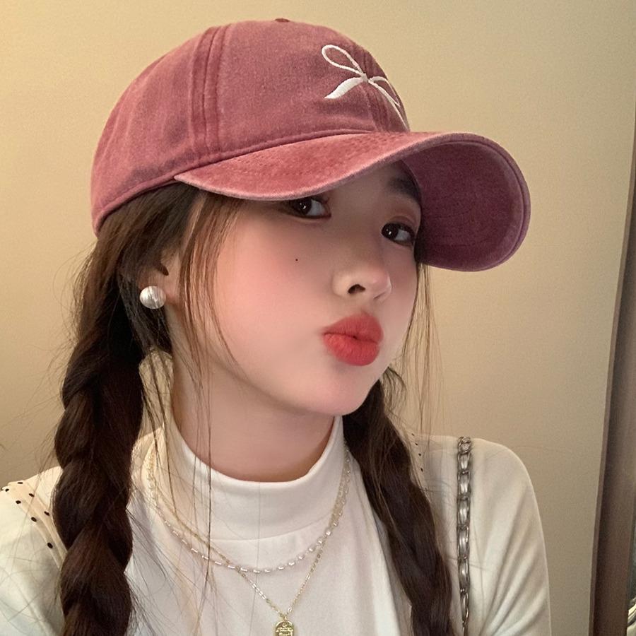 Retro Washable and Old Bow Embroidered Baseball Cap for Women  New Spring Style  Large Brim  Bare Face Covering Baseball Cap