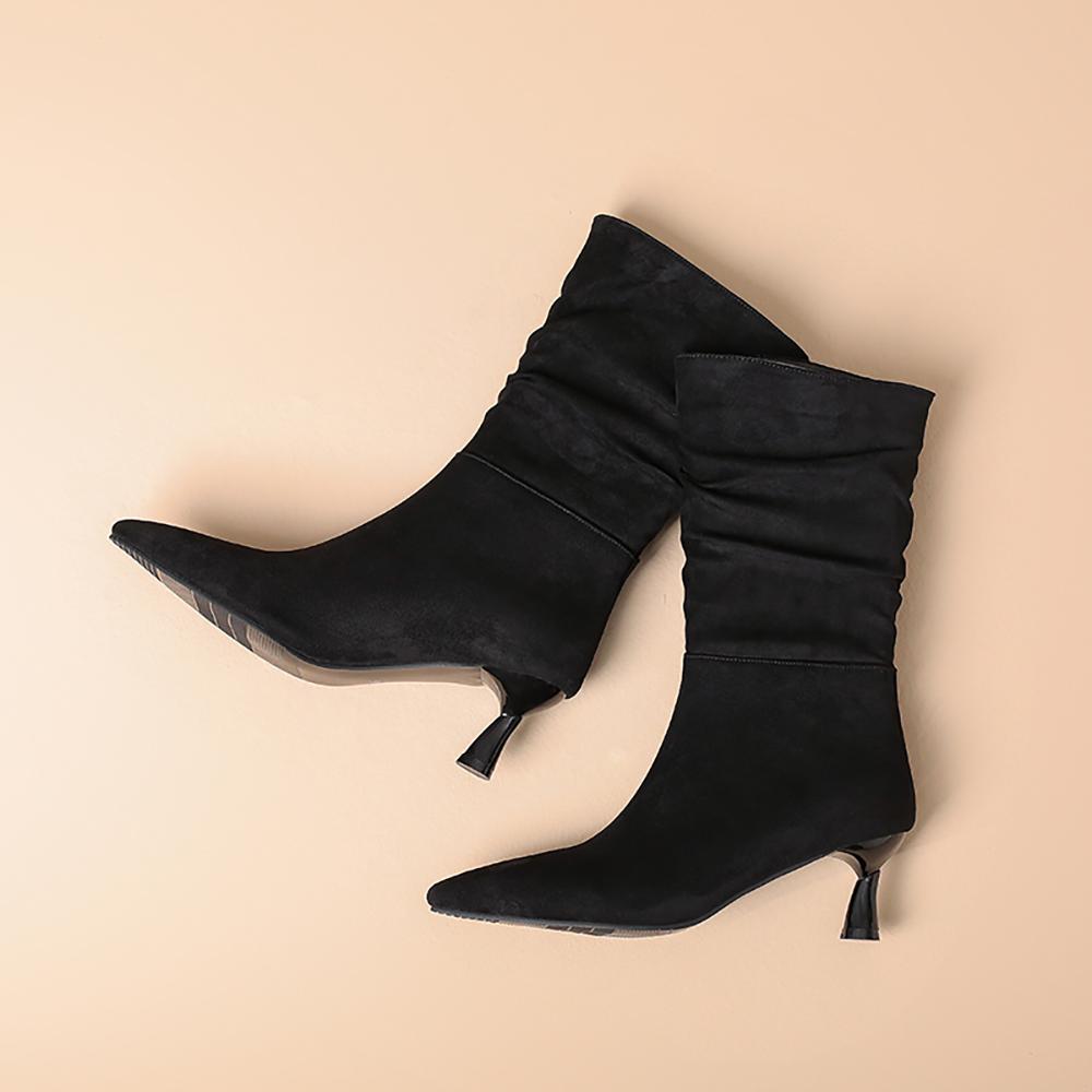 Black Wine Red Women Mid Calf Boots Pointed Toe Mid Heel Small Big Size 32 48