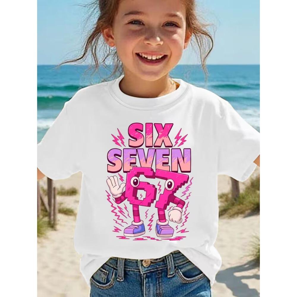 Summer Fashion Girls' Short Sleeved Children T-shirt Number Six Seven Pink Color TV Cartoon Pattern Printed Casual Versatile Top