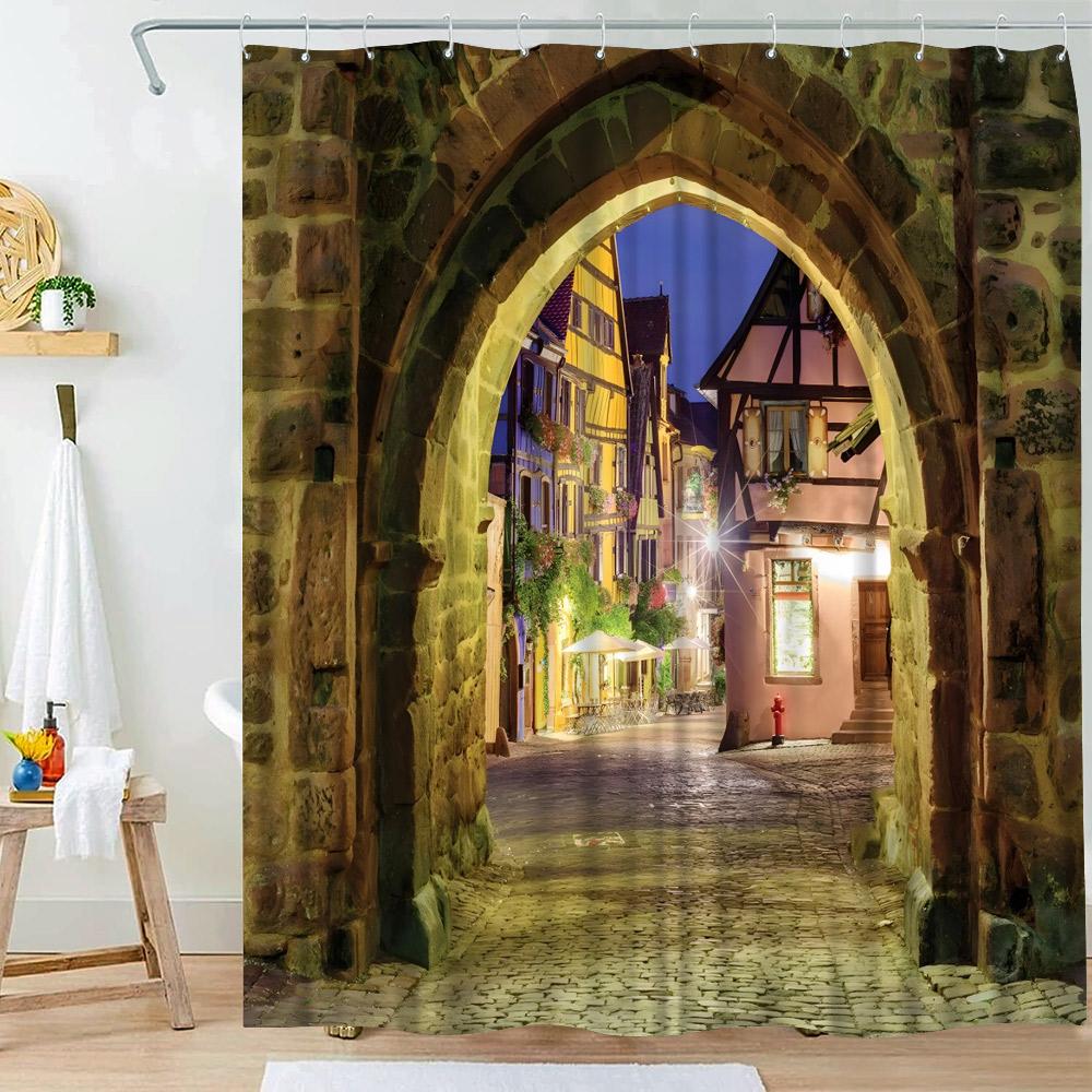 Garden Shower Curtains Arched Door Flowers Plants Floral Bathroom Decorations Nature Scenery Polyester Bath Curtain With Hooks