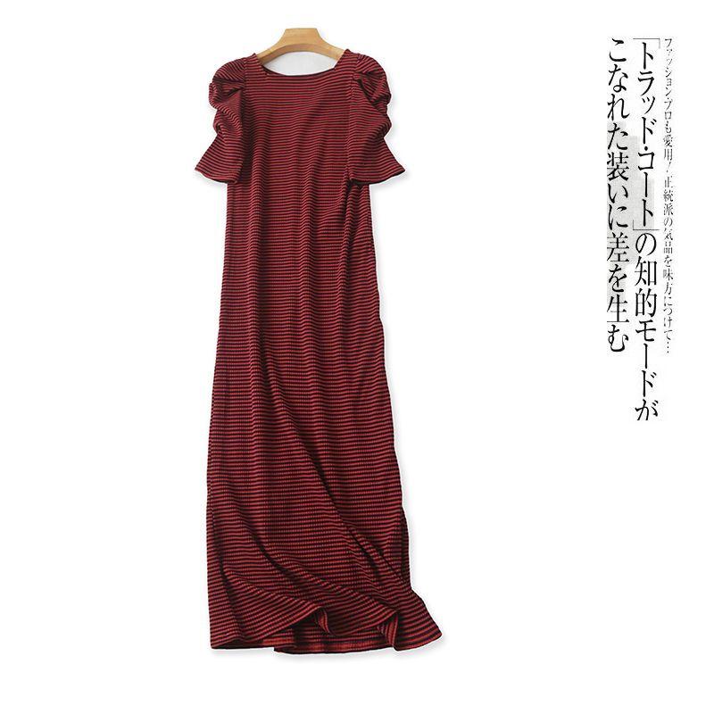 

Заказы, экспортированные в Японию, Вязаное хлопковое платье, Весна и лето, Новое женское платье-пуловер с квадратным вырезом, С короткими рукавами-буфами, Платье-футляр с разрезом, В полоску, 28980 Orange C- 5-28-1 +2