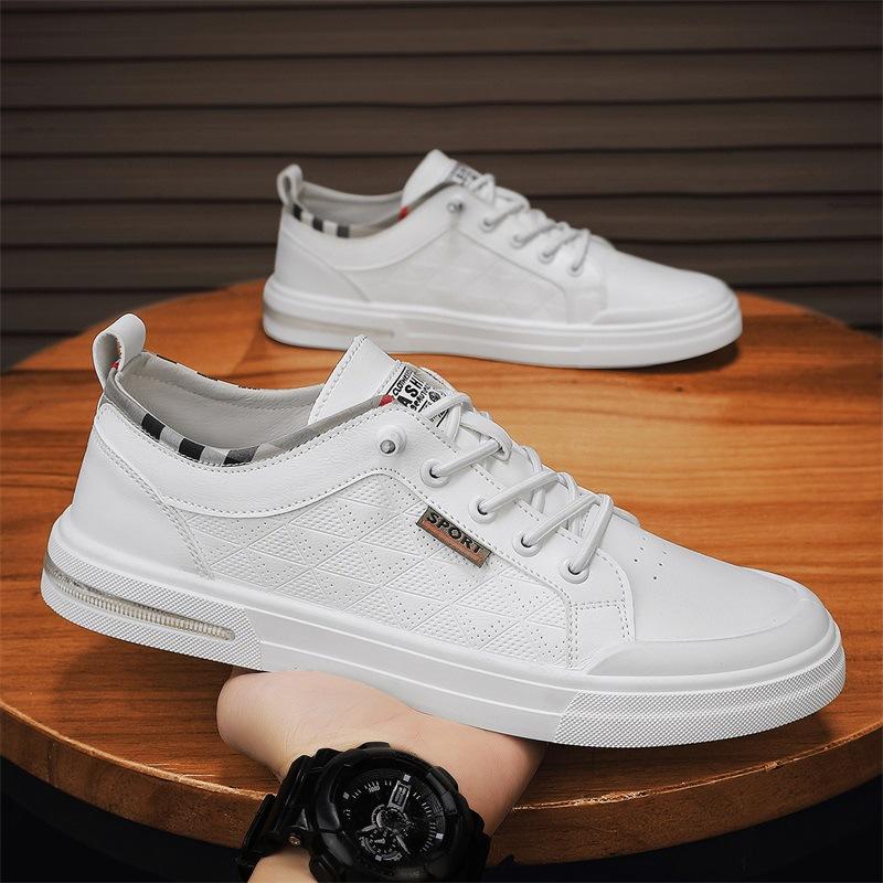 

2024 spring new flat baseplate shoes lace-free white shoes trendy men s casual men s shoes leather waterproof shoes 39 белый