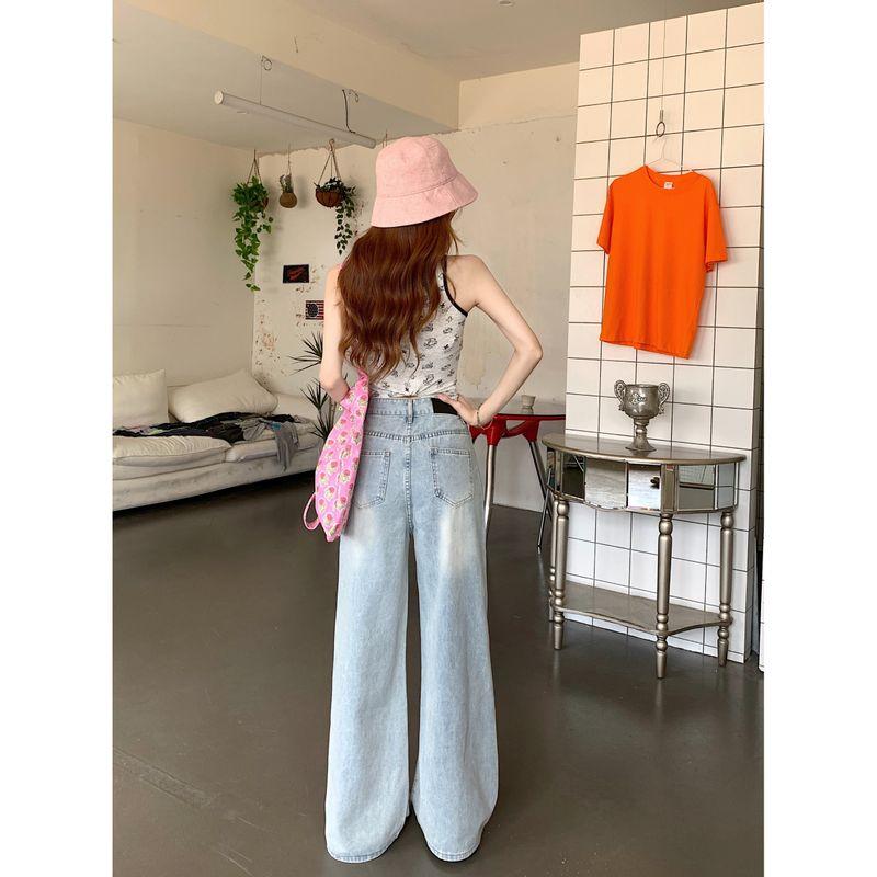 American Small Washed Light Blue Wide Leg Denim Female 2025 Summer High Waist Loose Straight Mopping Pants