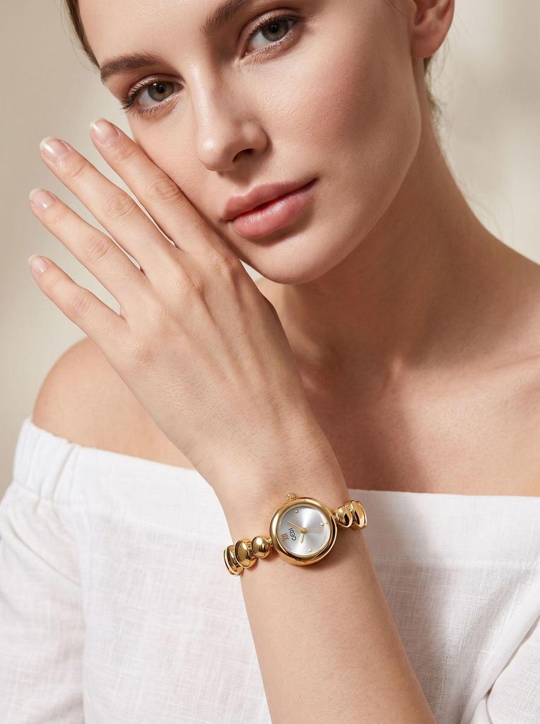 Gedi Women's Retro Waterproof Watch with Smooth Metal Beaded Strap and Exquisite Round Dial.