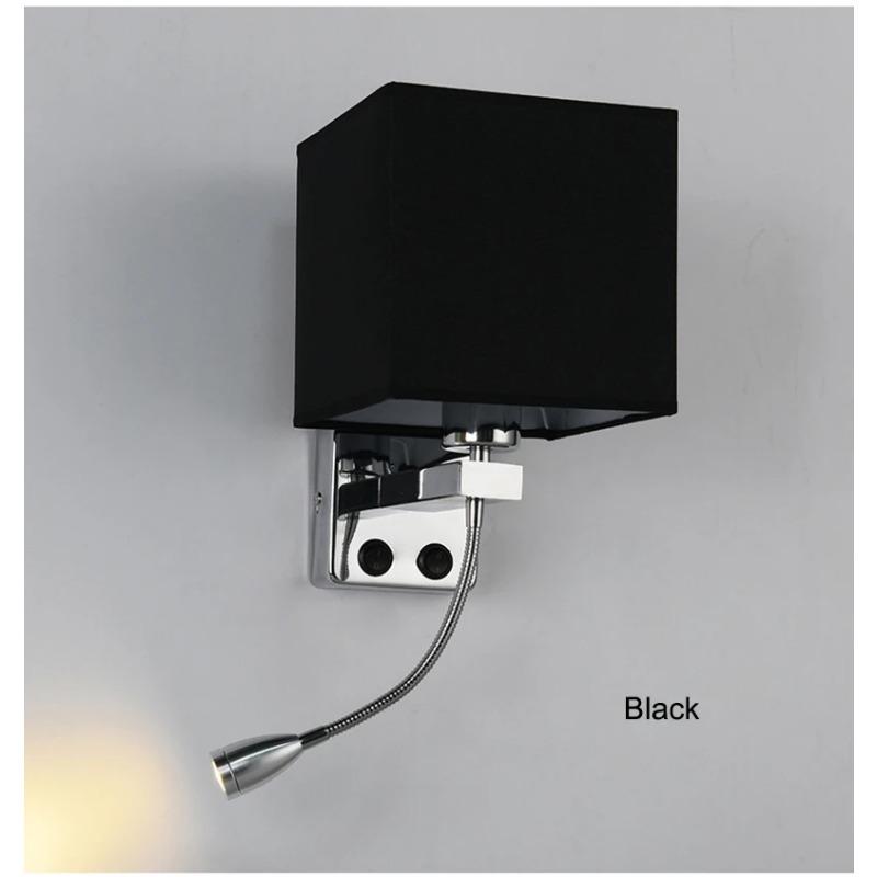 

Современный простой USB порт зарядки настенный светильник прикроватный квадратный тканевый настенный светильник для спальни отеля с светодиодным точечным светильником клавишный переключатель 12W Warm white bulb&2 x Led spotlights&USB Port чёрный