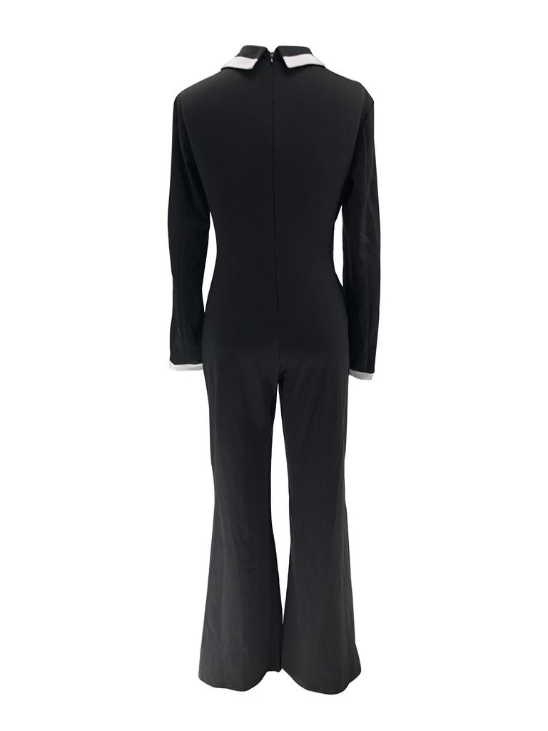 Europäischer & Amerikanischer Mode-Jumpsuit mit Gürtel, Patchwork, Langarm, Herbst/Winter-Stil