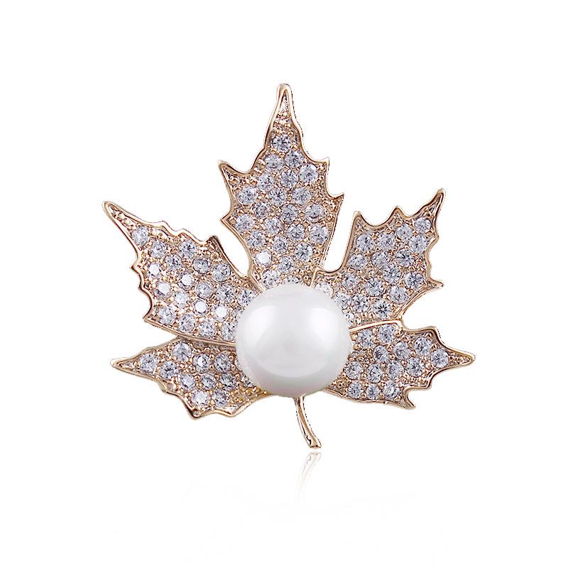 Crystal Maple Leaf Pearl Brooch - Elegant Women's Zircon Corsage Accessory