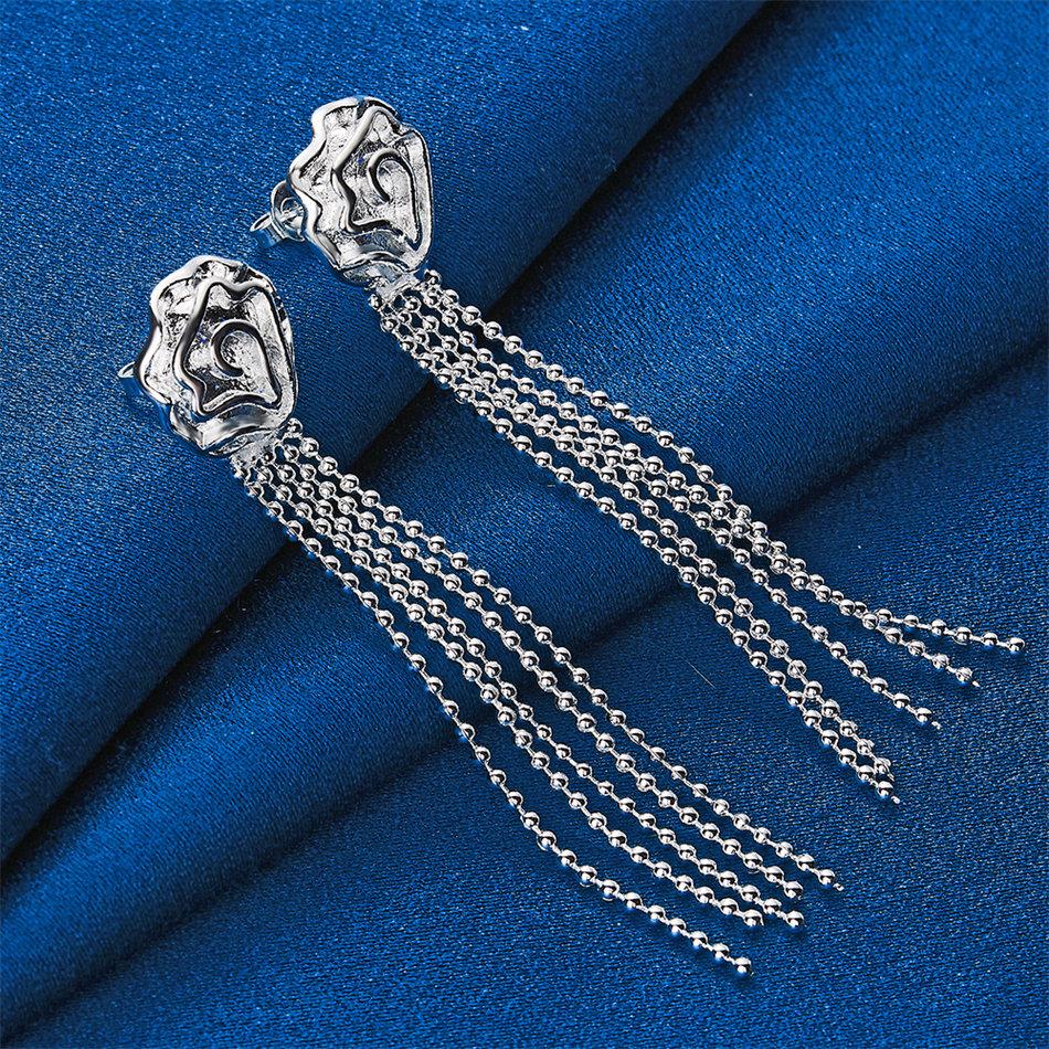 Charming 925 Sterling Silver Exquisite Tassel Rose Flower Earrings for Women Fashion Wedding Jewelry Party Gifts