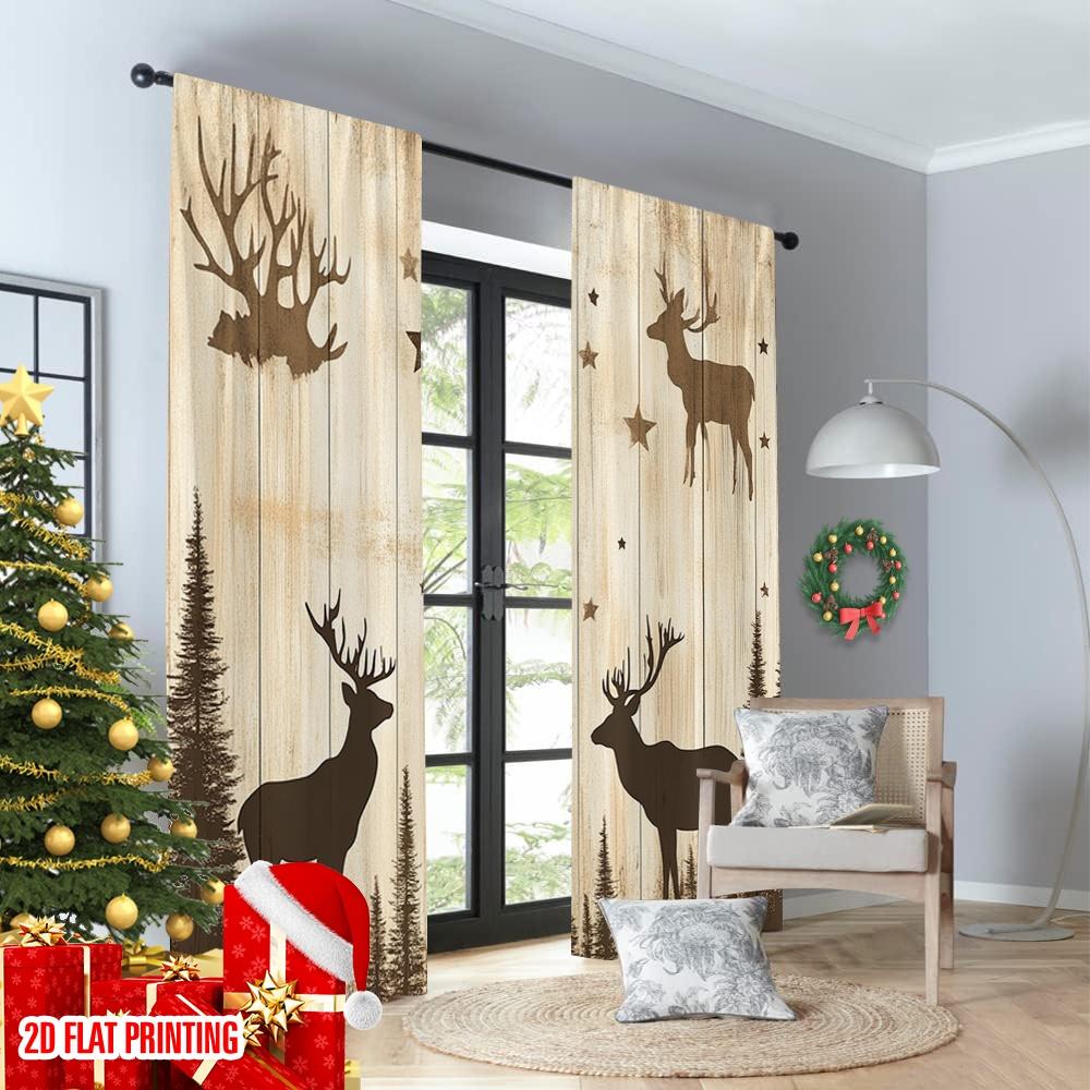 2pcs 2D Flat Printing Merry Christmas Scene Curtains Forest Deer Stars Vintage Wood (2) 100% Polyester Without Electricity