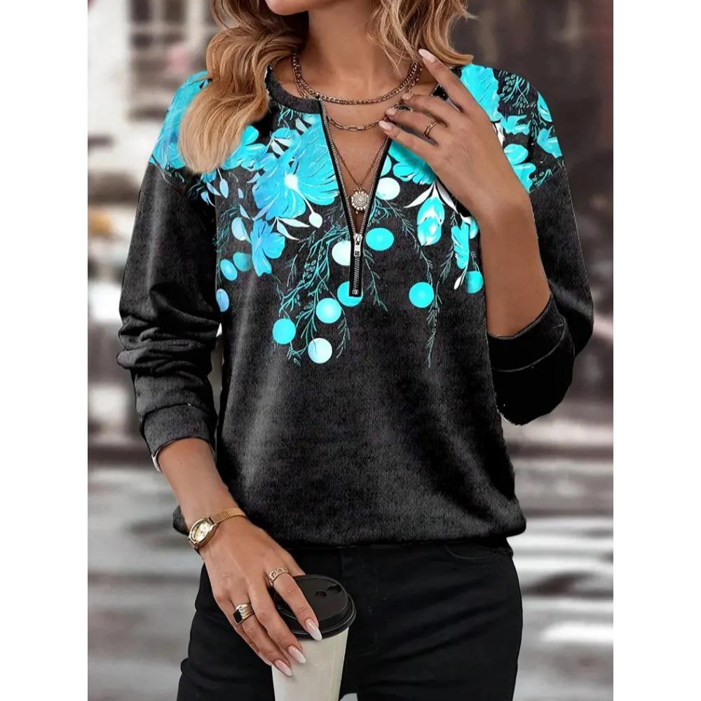 Autumn and Winter Color Blocked Loose Zipper Long Sleeved V-neck Sweatshirt for Women