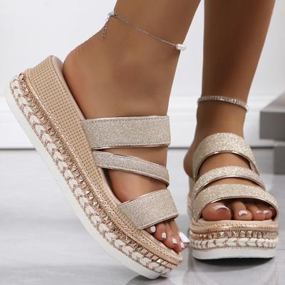 Foreign Trade Slope Heel Cool Slippers Women's Outer Wear Summer New Round Head Casual Large Size Muffin Thick Bottom Roman Slippers
