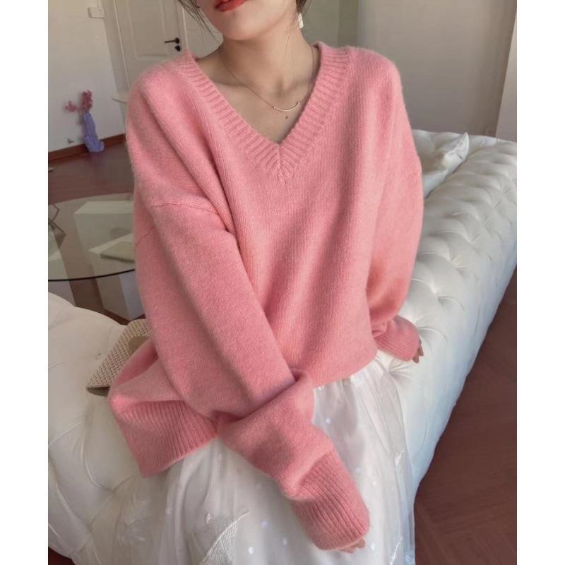 Mohair Gentle Jumper Sweater Women's Fall and Winter V-neck Pullover Loose Lazy Wind Soft Knitted Long-sleeved Blouse