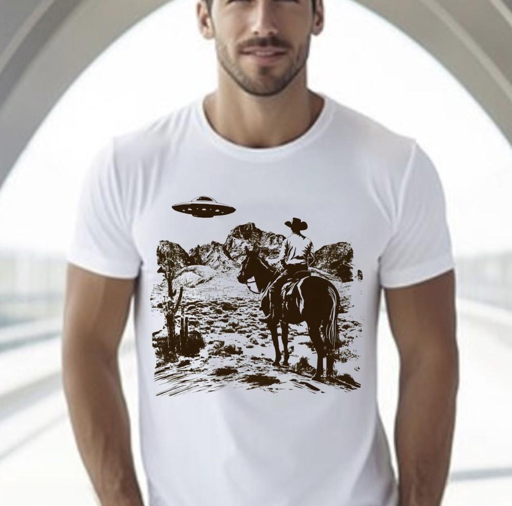 UFO Shirt, UFO Western Shirt, White T-Shirt S-5XL, Gildan 5000 Unisex T-Shirt XXL