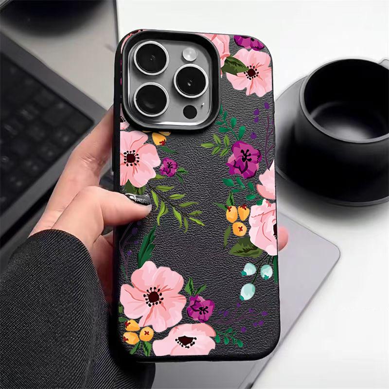 Matte Leather Texture TPU Soft Phone Case For iPhone 16 Pro Max 15 Pro 14 13 12 11 Floral Print Slim Shockproof Bumper Cover