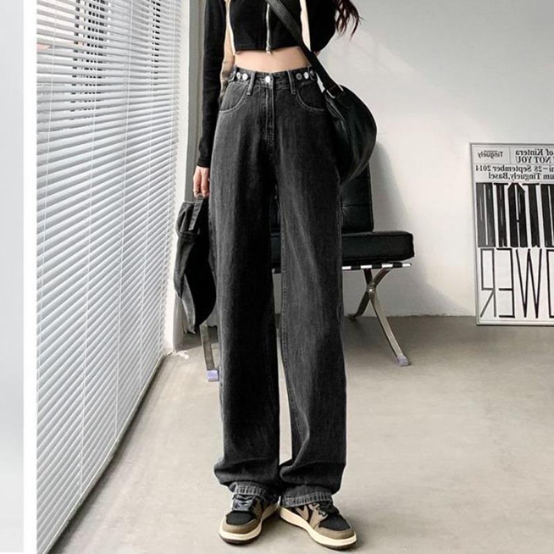 Adjustable wide-leg jeans for women, autumn and winter velvet thickened high-waisted thin straight jeans