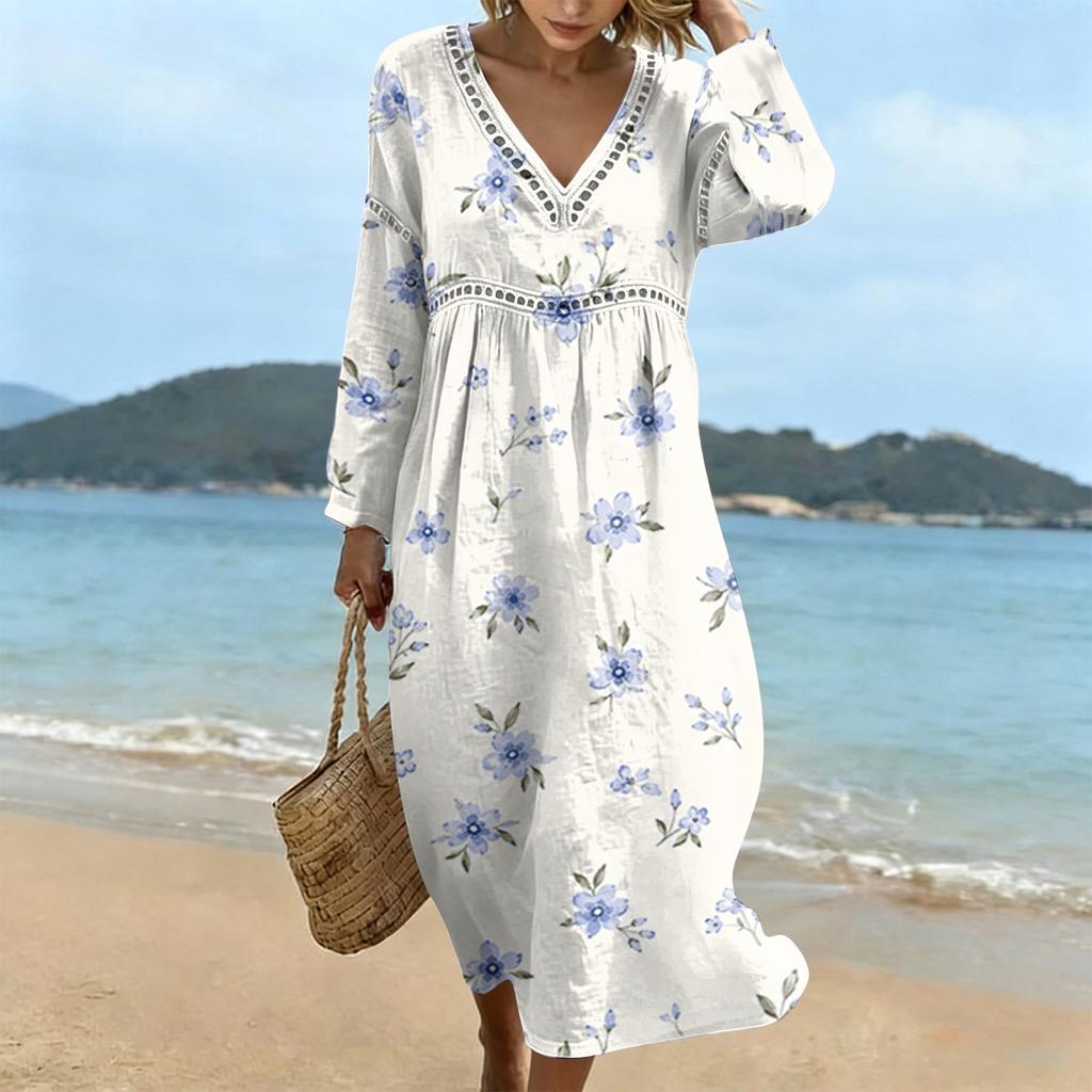 Fashionable Lady's V-neck Mid-length Casual Long-sleeved Dress