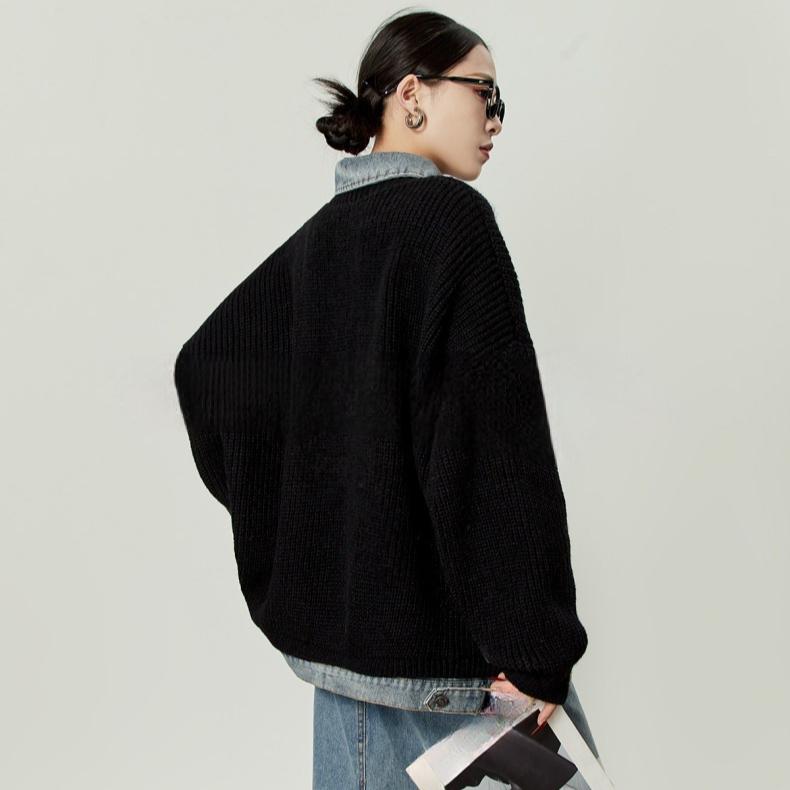 Dimanaf 2025 Autumn Jacket Women Sweaters Coat Black Patchwork Wadded Coat Cardigan Knitting Pockets Sweater