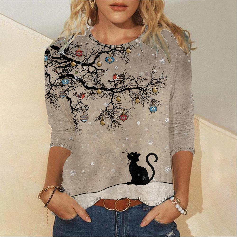 Spring and Autumn Round Neck Cat Pattern 3D Printed Top Fashionable Casual Long Sleeved Women's T-shirts