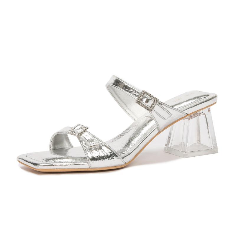 H368-1 Silver high-heeled slippers with rhinestones open-toed summer sandals female transparent crystal heel
