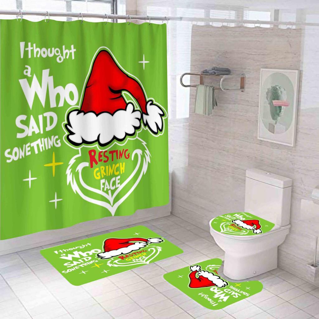 Christmas Snowman Print Toilet Bathroom Mat And Shower Curtain Four-Piece Set