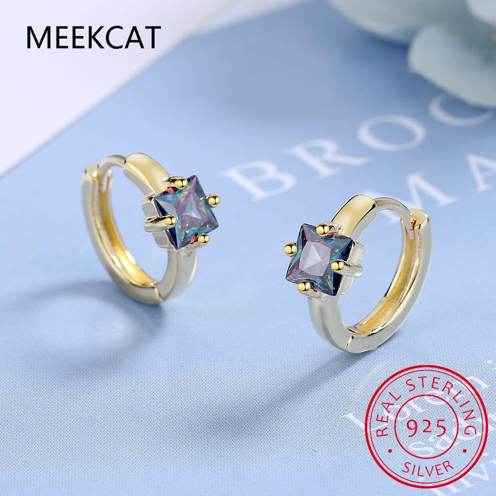 Princess Cut Square Natural Rainbow Mystic Quartz Solitaire 925 Sterling Silver Hoop Earring For Women Colorful Gemstone Jewelry