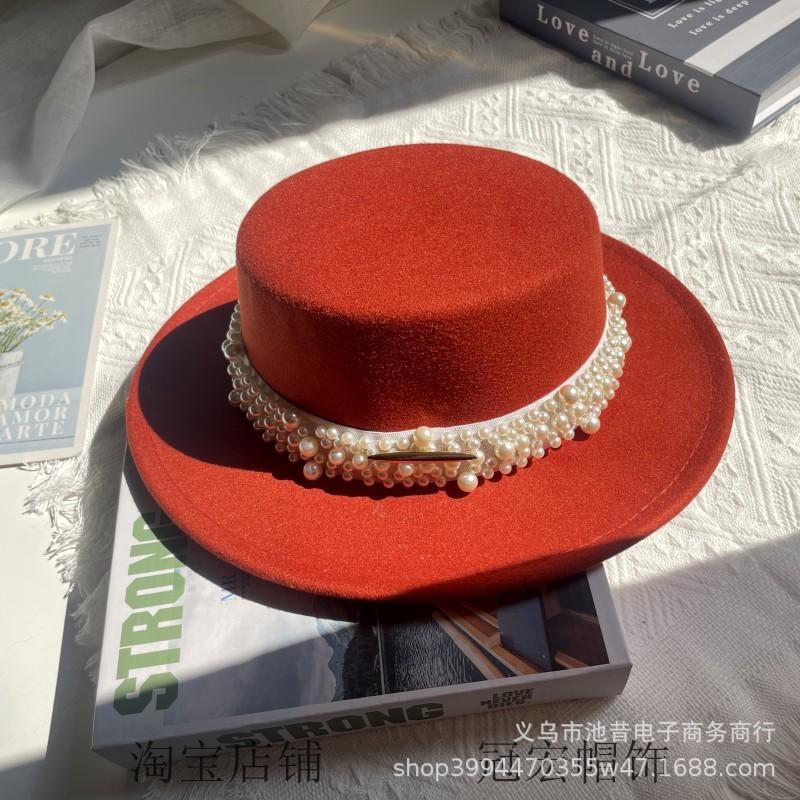 White Pearl Flat Top Woolen Top Hat Female Autumn and Winter British Retro Socialite Elegant French Wide Brim