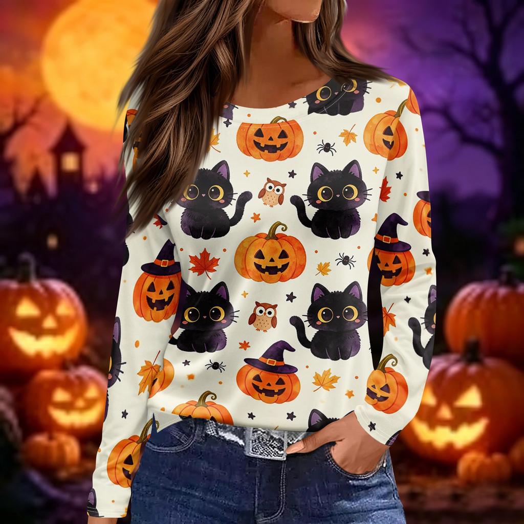 Women Long Sleeve Crew Neck Top Halloween Print Split Hem Casual Loose Fit Pullover Shirt for Fall Seasonal Wear