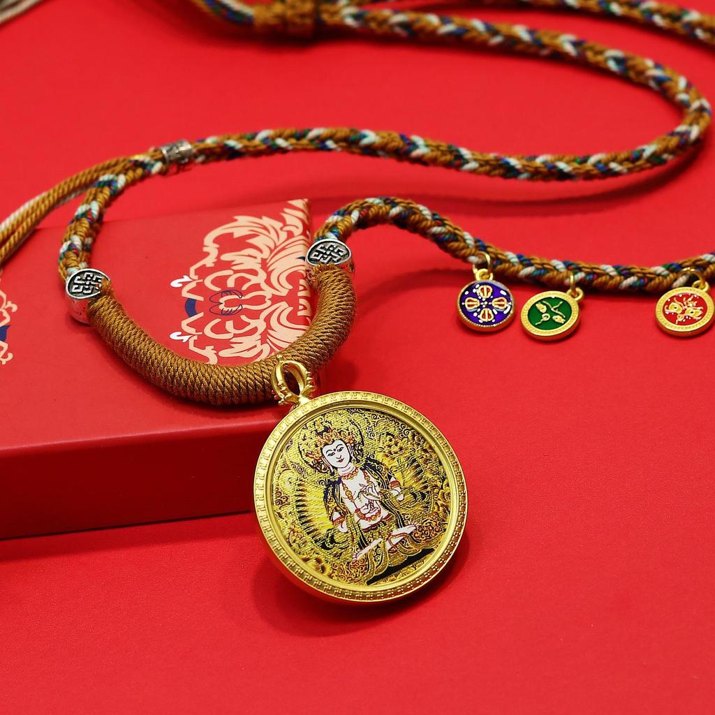 Tibetan Zodiac Eight Protectors Thangka Gold-Inlaid Square Pendant Necklace