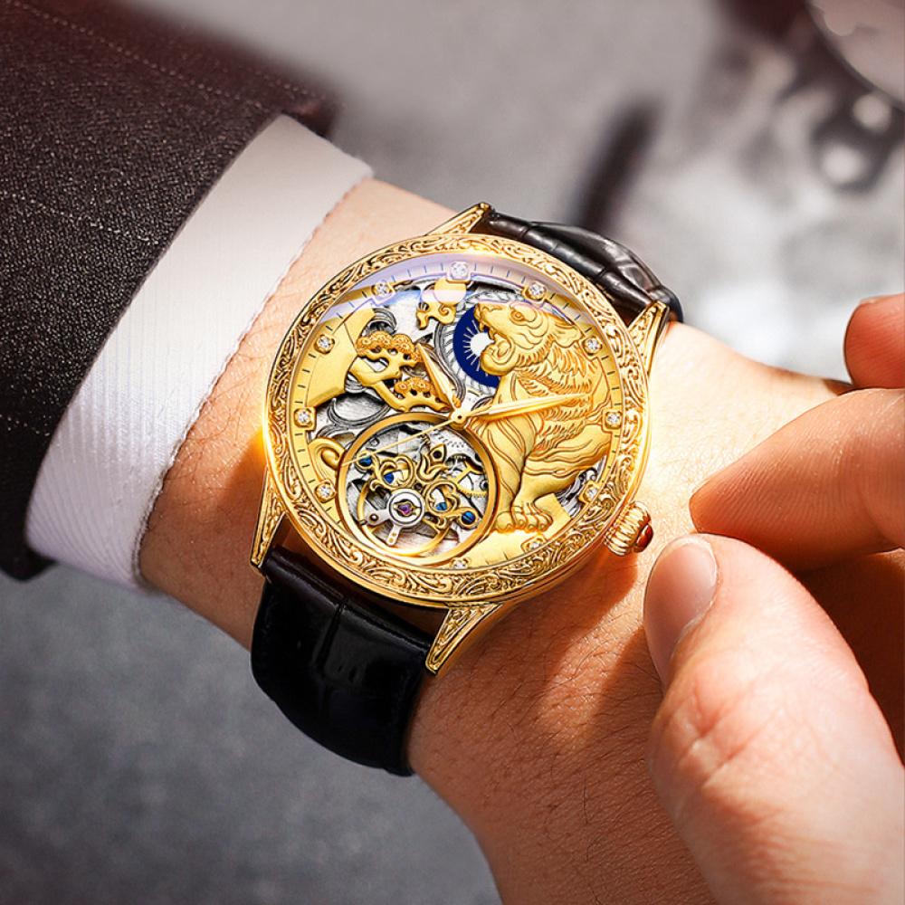 Chenxi Vintage-Armbanduhr mit Lederband, Luxus-Tourbillon, mechanische Uhr für Herren, wunderschöne, ausgehöhlte Skelettmuster, geschnitzte Automatikuhren