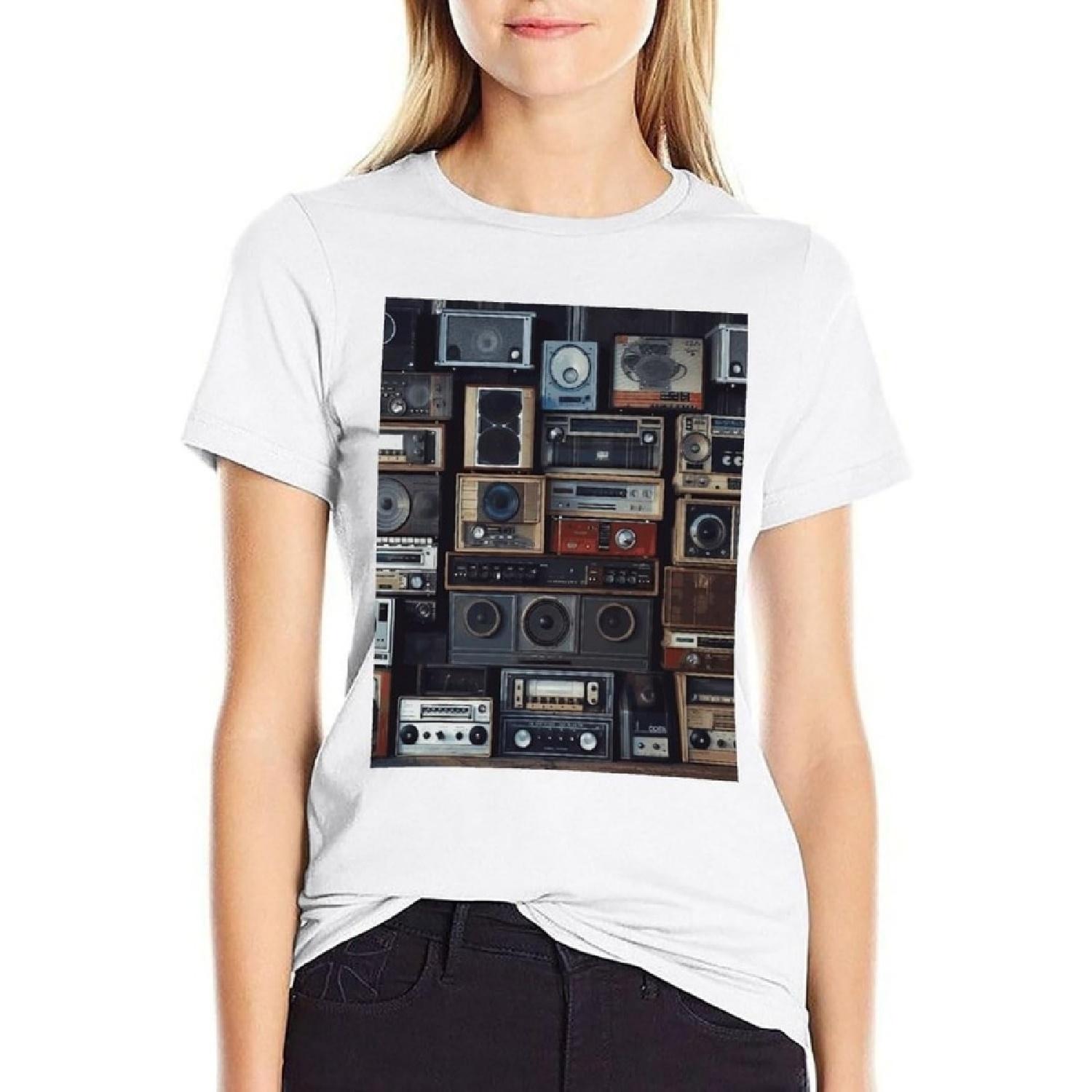 

T Shirts Vintage Wall of Radio Boombox Short Sleeve for Women Crewneck Tees Trendy Lightweight Casual Summer Tees XXXXXL білий