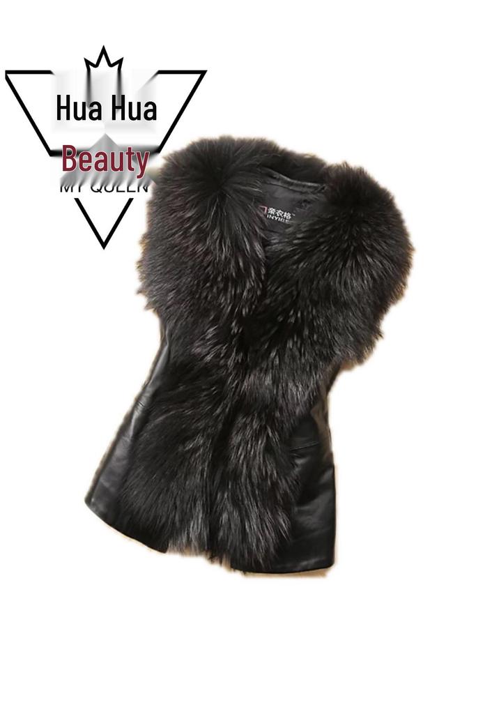 Women's Raccoon Fur Collar Short Slim Fit Faux Fur Vest, Sizes S-4XL, Autumn/Winter Clothing