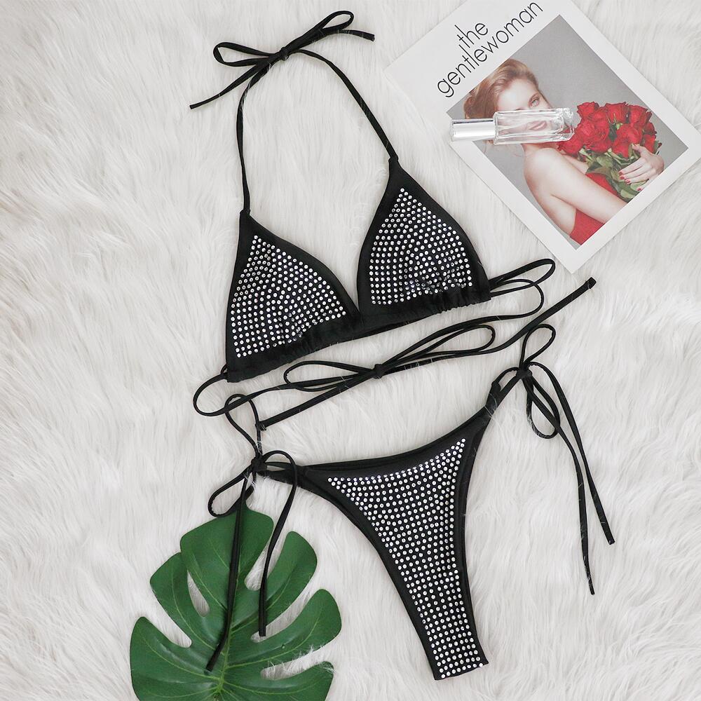 2023 European & American Sexy Rhinestone Strappy Bikini Set - Solid Color Beach Vacation Women's Swimwear