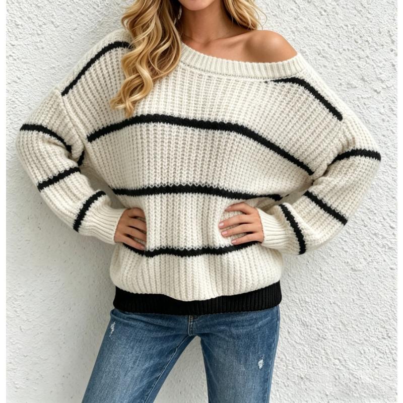 Women Casual Off Shoulder Knit Sweater Loose Fit Long Sleeve Pullover