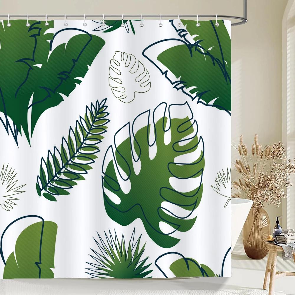 Green Plant Leaves Print Shower Curtains Watercolor Boho Floral Waterproof Morden Bathroom Bathtub Curtain Room Decor With Hooks