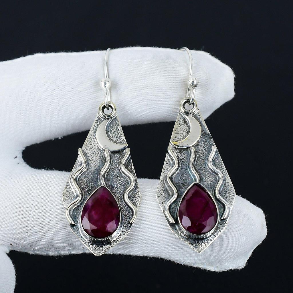 Dainty Kashmir Ruby Gemstone Earrings, 925 Sterling Silver Earring, Handmade Boho Silver Jewelry Dangle Earrings, Party Wear Gifts