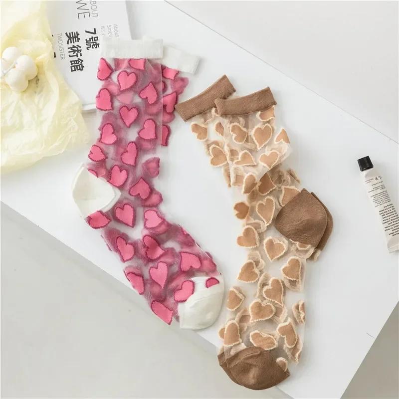 Summer Woman Socks Japanese Style Sweet Crytal Glass Silk Socks Heart Print Ultra-thin Transparent Girls Kawaii Cute Long Socks