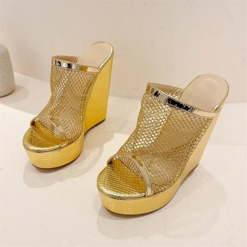 Fashion Eilyken Gold Silver Platform Wedges Women Slippers Design Style Mesh Fabric Open Toe Wedding Banquet High Heels Shoes