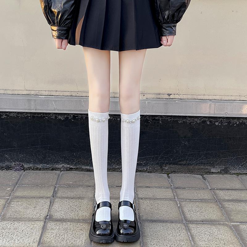 Black and White Calf Socks Pearl Solid Color Fairy Pearl Socks Loli Ins Tide Pure Cotton Jk Medium Tube Socks Spring and Autumn