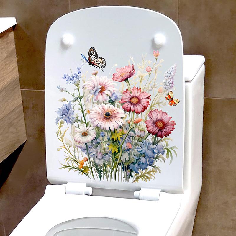 Bathroom Toilet Flower Stickers Minimalist Butterfly Flower Pattern Self-Adhesive Paintings For Bathroom Living Decorations
