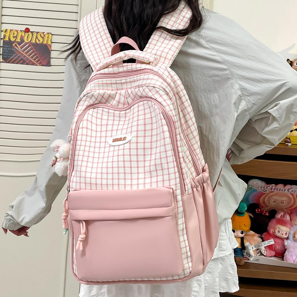 Schoolbag Japanese ins Contrast Color Plaid Backpack Female Youth Campus Junior High School Student School Bag Outdoor Travel Backpack