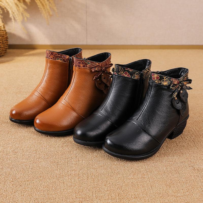 Johnature Genuine Leather Shoes Retro Ethnic Style Thick Heel Versatile Women's Short Boots