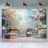 2D Rustic Floral Garden Background Cloth, Pastel Flower & Fence Themed Backdrop for Party & Photography