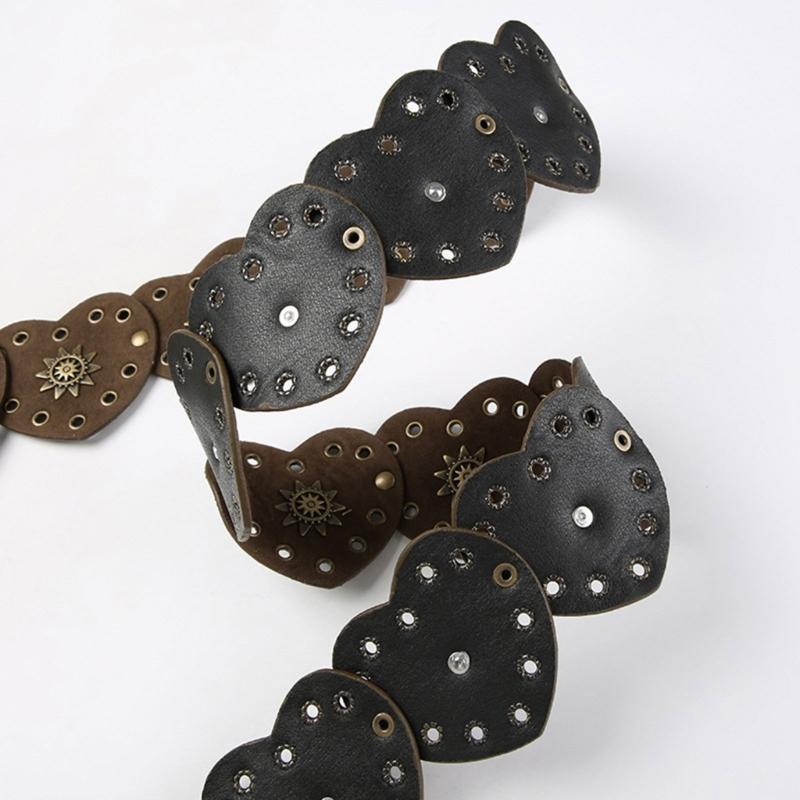 Unique Cutout Waist Belt for Women PU Leather White Embellished Brown Belt Decorated with White Love Heart Belt