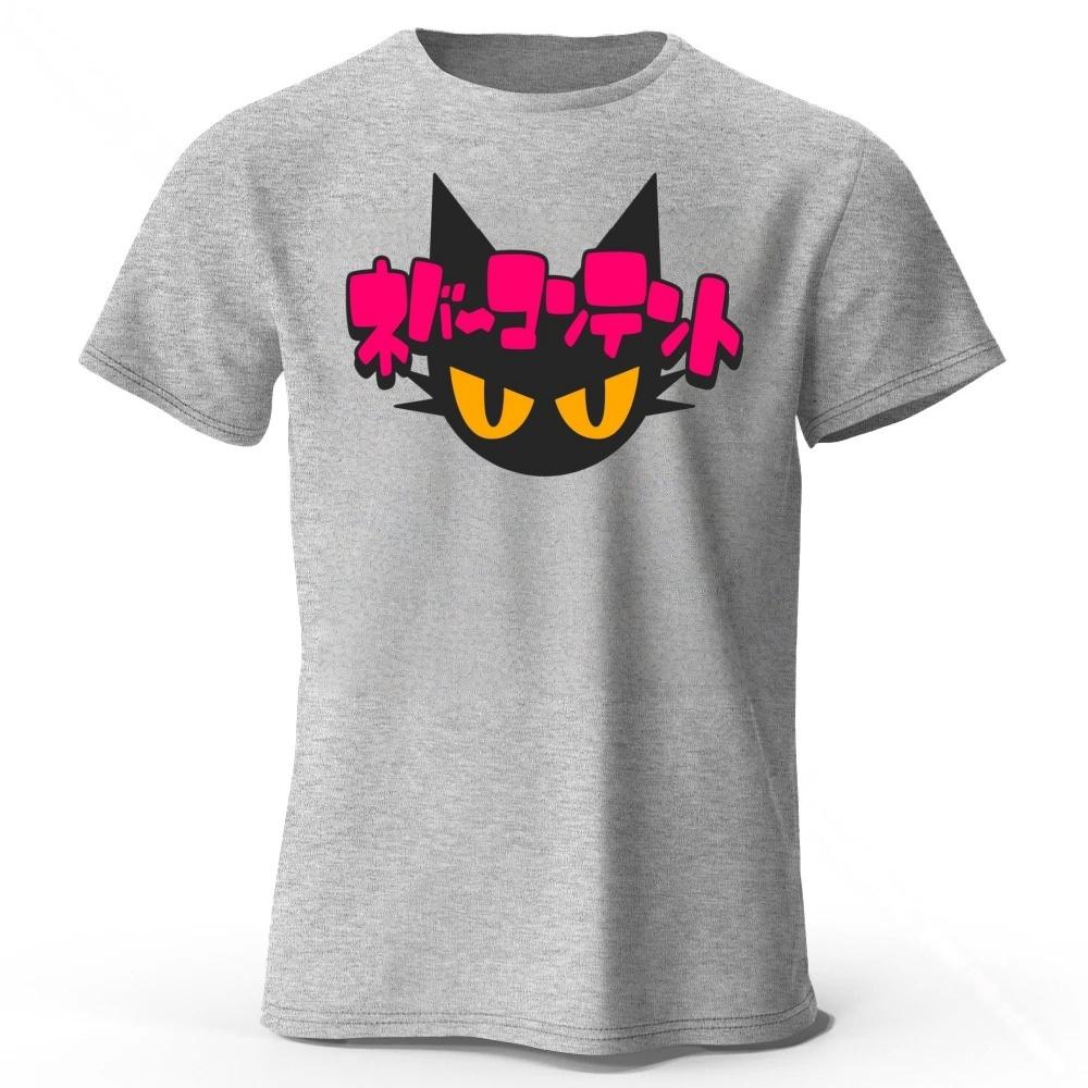 Japanese New Cyberpunk Neon Black Cat Pure Cotton Tshirt Mens Loose Oversized Short Sleeved Tshirt Casual Round Neck Top