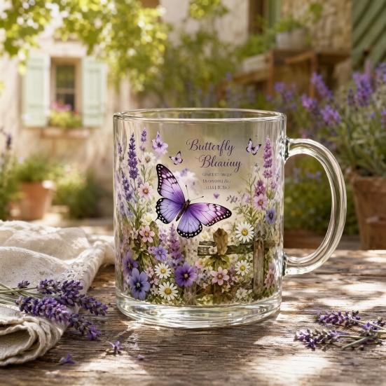 Morning Glass Tea Cup, Hummingbird Flower Pattern Tumbler with Gold Rim, Nature Themed Glassware for Tea Coffee Juice Wine Hot Cold Drinks Gift