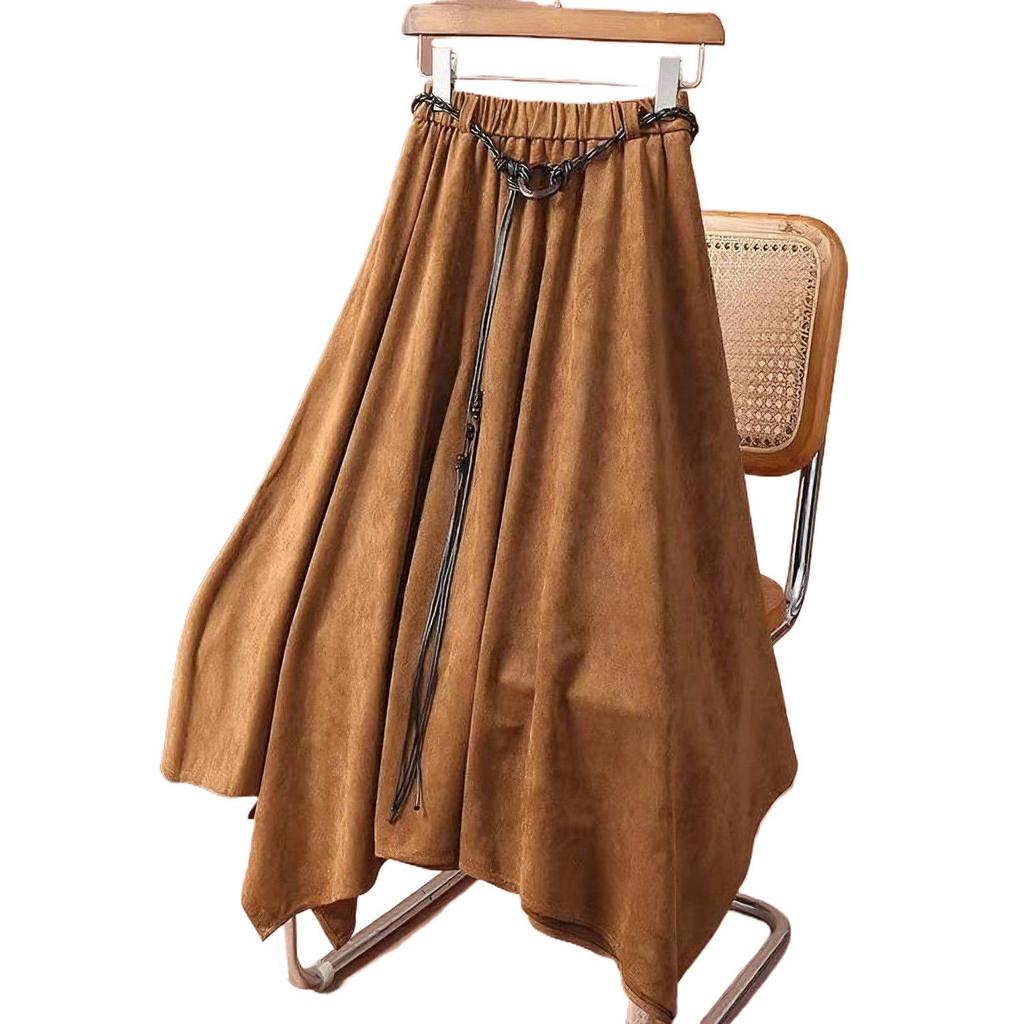 Fustă midi Maillard din piele întoarsă neregulată 2025: Fustă nouă cu talie înaltă, subțiatoare, cu tiv drapat