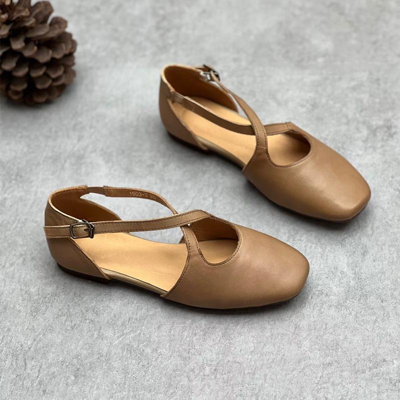 Literary Mori Style Handmade Genuine Leather Square Toe Flat Sandals for Women